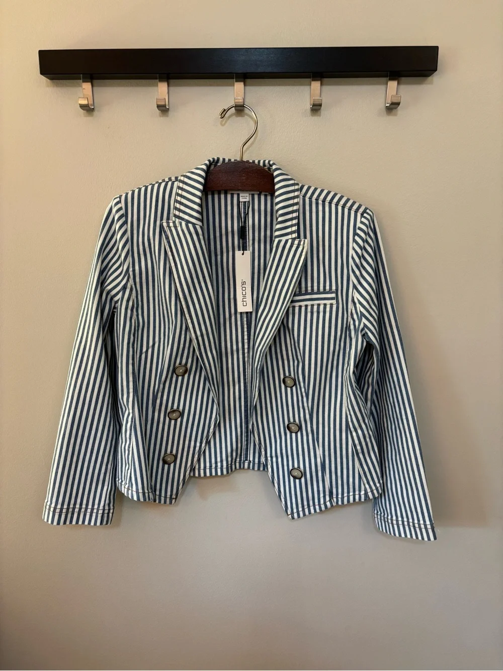 Chico’s Striped Blazer Double-Breasted Denim NWT Blue White 0.5/Womens S (6)